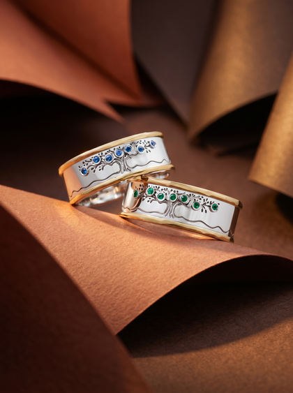 Обручальные кольца "Древо жизни" , wedding rings, yellow-gold, с emerald, GRIGOF