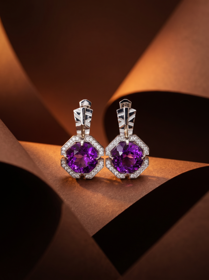 Комплект с аметистами , earrings, white-gold, с amethyst, GRIGOF